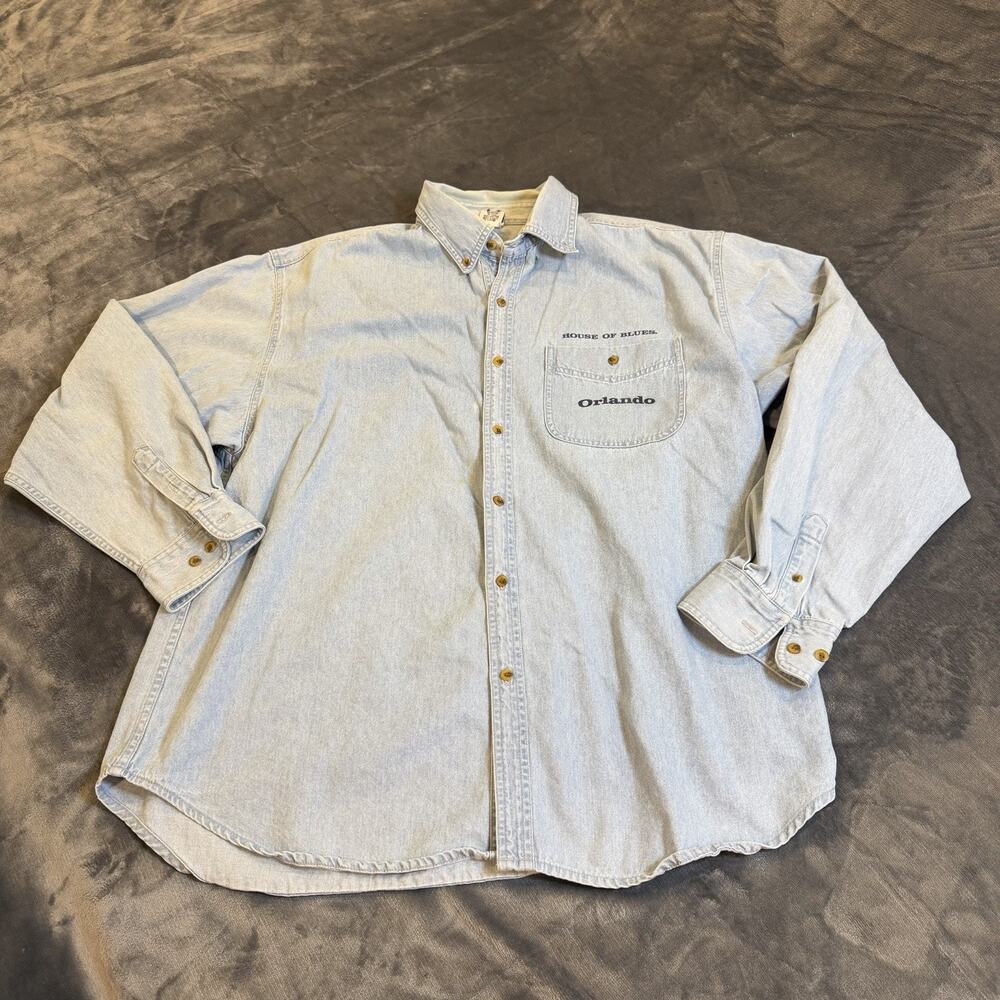 VTG 90s House of Blues Orlando Denim Shirt XL Unity in Diversity Embroidered HOB